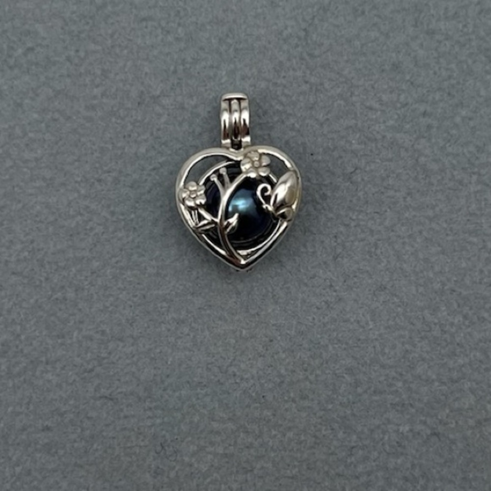 Silver Heart Pearl Cage Pendant with a Blue Pearl